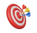 Three darts hitting red target on center, banner business icon, 3D rendering illustration