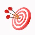 Three darts hitting a red target on the center isolated on white background