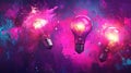 Three dazzling light bulbs illuminated against a vibrant pink and blue abstract background Royalty Free Stock Photo