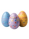 Three Decorated Easter Eggs in Blue Purple and Yellow on White Keywords: easter eggs, decorated, painted Royalty Free Stock Photo