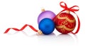 Three decorations Christmas ball with ribbon bow isolated on white background Royalty Free Stock Photo