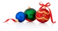 Three decorations Christmas ball with ribbon bow isolated Royalty Free Stock Photo