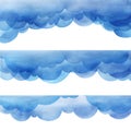 Three decorative elements. Blue lush fluffy cumulus clouds. Side page template. Cartoon sky illustration. Watercolor fills. Hand