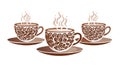 Three Decorative Steaming Coffee Cups, vector design Generative AI Royalty Free Stock Photo