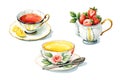 Three decorative teacups painted in a watercolor style. The upper left cup contains Royalty Free Stock Photo
