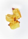 Three deep-fried, golden spring rolls or savory snacks stacked on a white background. Royalty Free Stock Photo