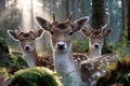 Three deer in a serene forest illuminated by soft morning light Royalty Free Stock Photo