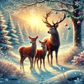 Three deer in snow near tree Generative for AI Royalty Free Stock Photo