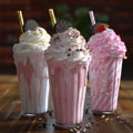 Three delicious bright milkshakes filled with cookies, strawberries, vanilla, on a dark background.