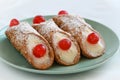 Three delicious cannoli on a green plate, typical Sicilian pastry Royalty Free Stock Photo