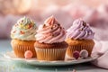 Three delicious cupcakes with colorful frosting and sprinkles on top, AI-generated.