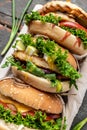 Three delicious homemade burgers of beef, cheese and vegetables, diet temptation resulting in unhealthy nutrition. top view Royalty Free Stock Photo