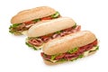 Three delicious submarine sandwiches on white Royalty Free Stock Photo