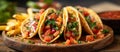 Three Delicious Tacos With Salsa on Wooden Plate Royalty Free Stock Photo