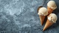 Three delicious vanilla ice cream cones on dark background, perfect for summer cool down and satisfying sweet cravings