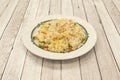 Three delights rice plate made with Chinese restaurant recipe, with green beans, omelet, carrot and ham Royalty Free Stock Photo