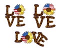 Three designs of the word Love with leopard print and sunflower flower with USA flag. Fashionable patriotic design.