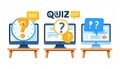 Three desktop computers display online quizzes, showcasing timed Royalty Free Stock Photo