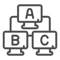 Three desktop monitors with letters line icon, neural network concept. Vector graphics. Local area wired connection sign