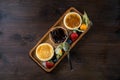 Creme brulee assortment. Served on a wooden tray Royalty Free Stock Photo