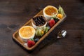 Three desserts in ramekins. Creme brulee assortment. Royalty Free Stock Photo