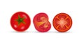 Three detailed ripe red tomatoes on white background, tomato set,