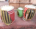 Three dhols or barrel drums leftover on the temple after kali puja is over.