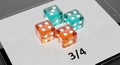 Three dice arranged in triangular formation on white tablet screen with number 3 4 written in black, featuring orange and green Royalty Free Stock Photo