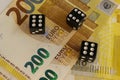 Three dice on new 200 euro banknotes. Three sixes