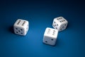 Three dice with number six on blue casino background