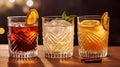 Three different alcoholic cocktails with old-fashioned glasses. Generative AI