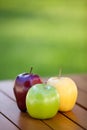 Three different apples on a table Royalty Free Stock Photo