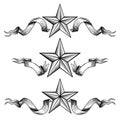 Three different banners with star in the middle of ribbons isolated on white. Vintage engraving style for print or design