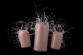 Three different beige cosmetic bottles in water splash isolated on black background 3D render, hair and bory care