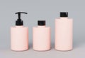 Three different beige cosmetic product bottles set template on gray background 3D render