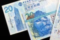 Three different bills in twenty Hong Kong dollars on a dark background
