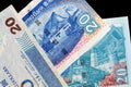 Three different bills in twenty Hong Kong dollars on a dark background