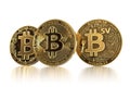 Three different Bitcoin coins after forks. Bitcoin BTC facing Bitcoin Cash BCH and Bitcoin Satoshi Vision BSV concept. 3D Royalty Free Stock Photo