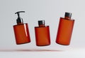 Three different brown plastic cosmetic product floating bottles set template on gray background 3D render