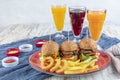 Three different burger with pickles onion rings and french fries on red plate with copy space, top view Royalty Free Stock Photo