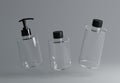 Three different clear plastic cosmetic product floating bottles set template on gray background 3D render