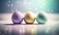 three different colored eggs sitting in a row on a surface with a blurry background and a starburst in the sky in the background