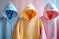 Three Different Colored Hoodies Hanging on a Wall