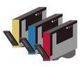 three different colored printer cartridges