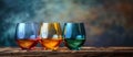 Three Different Colored Wine Glasses on Table Royalty Free Stock Photo