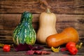 Three different colorful pumpkins on rustic wooden background. Countryside still life Royalty Free Stock Photo