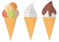 Three different colorful tasty waffle ice-cream cones vector illustration isolated on white Royalty Free Stock Photo