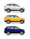 Three different colors cars on white background. Luxury offroad vehicles, white, yellow, blue. Realistic crossover Royalty Free Stock Photo