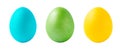 Three different colors Easter eggs isolated on white background, close-up Royalty Free Stock Photo
