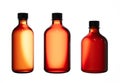 Three different cosmetic bottles on white background 3D render, brown glass care product jars with plastic caps isolated